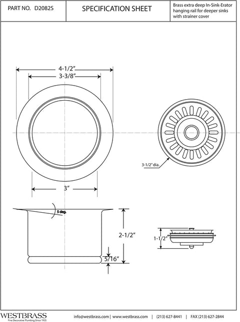 Specification sheet for Three And One Half Inch Extra Deep Collar Kitchen Sink Waste Disposal Flange With Built In Strainer Stopper Polished Brass Heavy Duty Fit For Garbage Disposals Keeps Clogs At Bay with measurements.