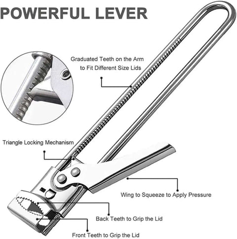 Diagram of All In One Adjustable Jar And Can Opener No Fuss Stainless Steel Manual Kitchen Gadget with labeled parts and features.