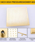 12-inch high pressure brushed gold rain shower head with silicone nozzles, part of Wall Mounted Shower Faucet Set With Handheld Shower In Brushed Gold Solid Brass Tub Filler Modern Single Handle Shower System With Pressure Balance Valve For Safe Consistent Hot Water And Luxury Bathroom Upgrade.
