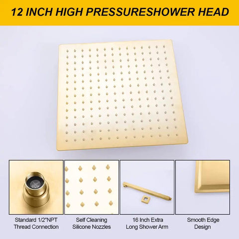 12-inch high pressure brushed gold rain shower head with silicone nozzles, part of Wall Mounted Shower Faucet Set With Handheld Shower In Brushed Gold Solid Brass Tub Filler Modern Single Handle Shower System With Pressure Balance Valve For Safe Consistent Hot Water And Luxury Bathroom Upgrade.