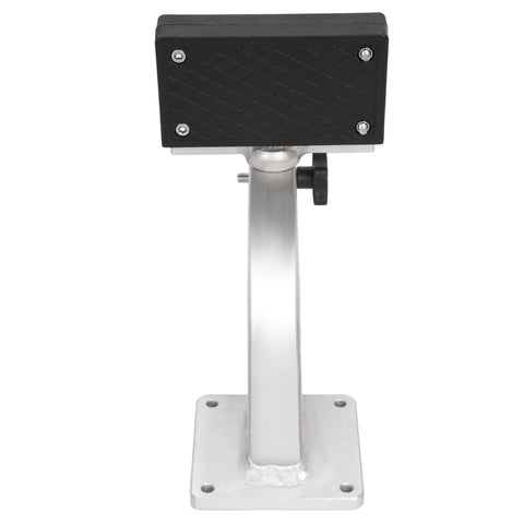 Front view of HECASA universal 90-degree trolling motor bracket with aluminum deck-mount post and black clamp head