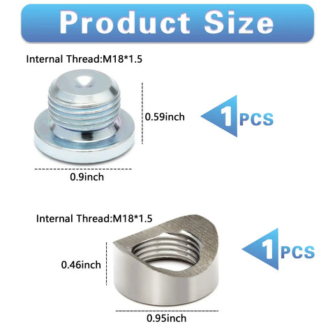 Product size diagram showing M18x1.5 notched style weld bung and zinc-plated plug kit, dimensions labeled in inches.