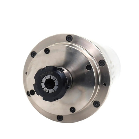 Badass CNC Spindle Motor 6KW Water Cooled Crusher For Zero Stress Routing With VFD Inverter Drive ER25 Collet Chuck close-up view showing housing and collet.