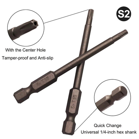 Ten Piece Magnetic Torx Driver Bits Set 75mm Long 3 Inch 1/4 Inch Hex Shank Security Tamper Proof Torx Bits T10 T15 T20 T25 T30 S2 Steel Construction Magnetic Storage Pro Grade Mechanic Kit