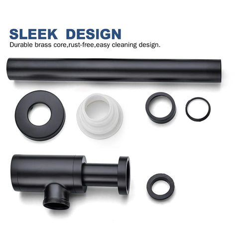 Brass Round Bottle P Trap One And A Quarter Inch Adjustable Sink Waste Trap Drain Kit in Matte Black with components visible.