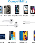 2 Pack USB C Headphones Wired With Microphone And Remote For iPhone 17 16 15 Pro Max iPad Galaxy Pixel 7 6 5 4 shown with compatible devices