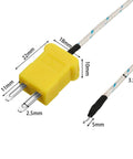 Front view of yellow K-type thermocouple temperature probe with braided white cable.