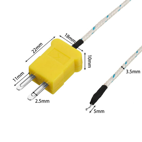 Front view of yellow K-type thermocouple temperature probe with braided white cable.
