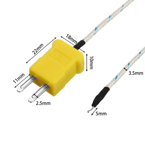 Close-up of Ten Piece Three Meter K Type Thermocouple Probes with mini connector showing dimensions for DIY projects.