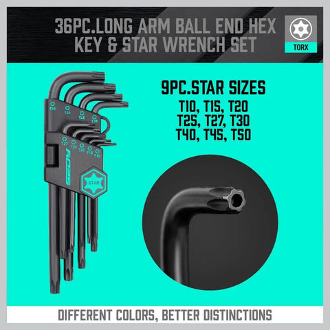 Ultimate 36 Piece Hex and Torx Wrench Set With Ball End Wrenches SAE And Metric Hex Premium S2 Steel, close-up of 9pc star sizes