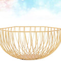 Golden Iron Fruit Basket For Fruits And Vegetables With Draining Water Feature And Geometric Wire Design on white background