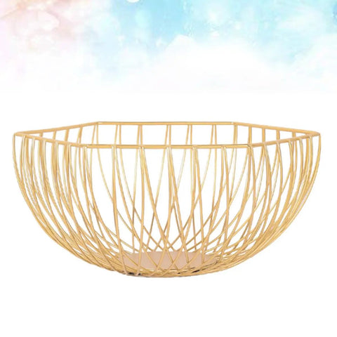 Golden Iron Fruit Basket For Fruits And Vegetables With Draining Water Feature And Geometric Wire Design on white background
