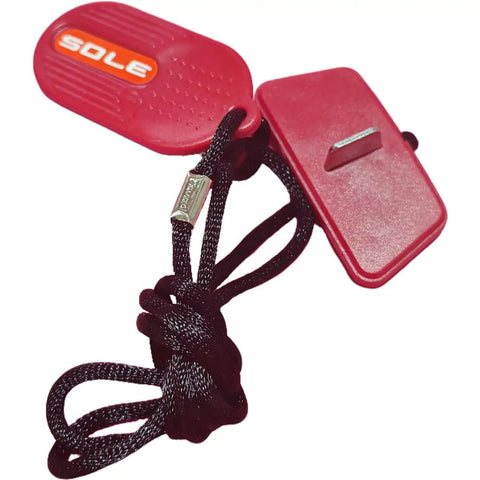Red magnetic treadmill safety key with universal compatibility, shown with lanyard, emergency stop lock for F60 F80 F83 F85 F63 models