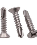 Number Ten By Three Quarter Phillips Flat Head Stainless Steel 410 Self Drilling Self Tapping Screws Heavy Duty Countersunk Fasteners.