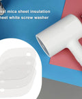 Pro Grade Mica Insulator Kit For TO-3 And TO-204AA Semiconductors, featuring 44.5x31.5mm mica sheets beside a white hair dryer