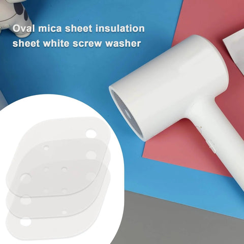 Pro Grade Mica Insulator Kit For TO-3 And TO-204AA Semiconductors, featuring 44.5x31.5mm mica sheets beside a white hair dryer