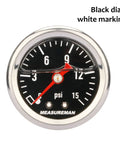Front view of MEASUREMAN 1.5-inch black-dial fuel pressure gauge with stainless steel case and red needle.