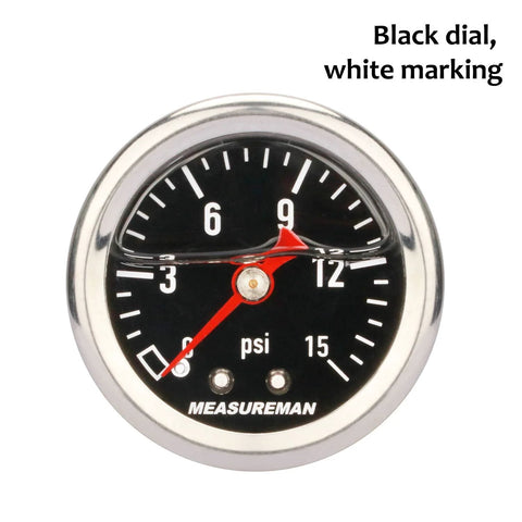 Front view of MEASUREMAN 1.5-inch black-dial fuel pressure gauge with stainless steel case and red needle.