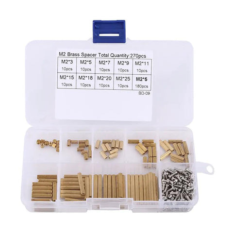 Brass Female Spacers And Screws Assortment Kit 270 Piece Hardware Set In Durable Waterproof Rustproof Brass With Organized Plastic Storage Box Pro Grade, M2 sizes in case