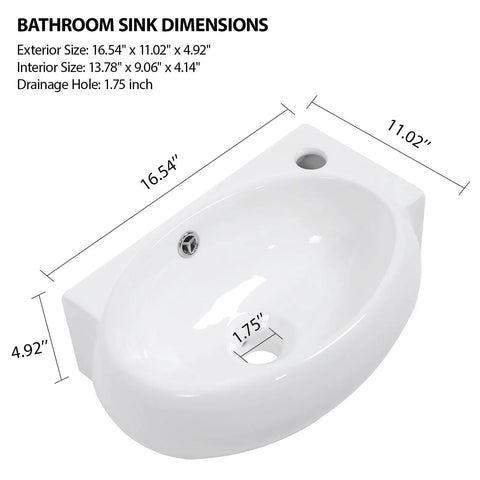 Dimensions of a white ceramic sink showing exterior size 16.54x11.02x4.92 inches and interior size 13.78x9.06x4.14 inches.