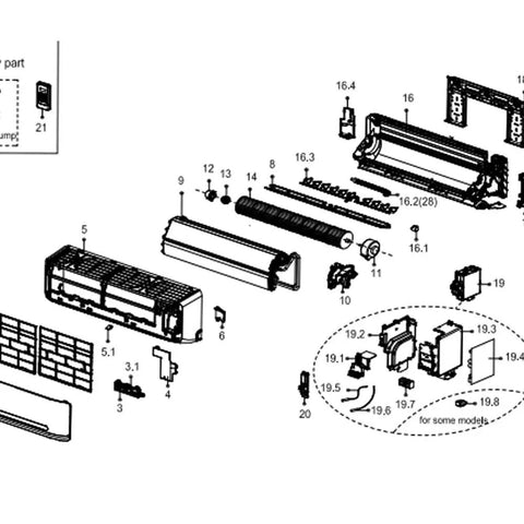 Exploded view of Replacement Indoor Brushless DC Motor For Mini Split showing 9K and 12K BTU parts, model WS012GMFI17HLD.