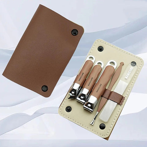 Five Piece Nail Clippers Set For Fingernails And Toenails Stainless Steel Manicure Pedicure Kit with brown case open