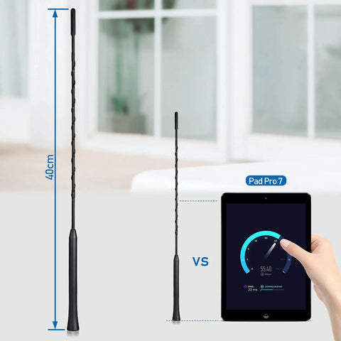 Roof Mounted Car Antenna Replacement 16 Inch Mast For AM FM Radio shown with measurement and tablet for size comparison