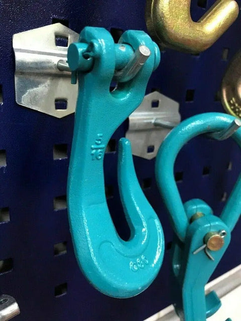 Close-up of the 8 Piece Auto Body Frame Machine Collision Repair Pulling Tie Tools Hook Value Set For Go To Pro Grade Bodywork Lift