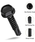 Black Zinc Stainless Self Tapping Screws Set, 121 Piece, 410 Stainless, Self Drilling For Metal, Hex Washer Head, Black Finish close-up