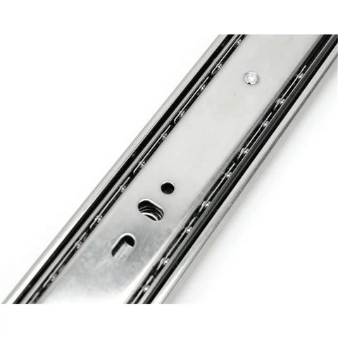 Close-up of Beefy Full Extension Drawer Slide Rail In Cold Rolled Steel With Ball Bearing Side Mount 30mm Wide Smooth Quiet Glide
