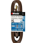 Light Duty Indoor Extension Cord With 3 Outlet Cube Tap, 15 Foot, 16 Gauge SPT-2, Brown, Durable Vinyl Jacket With Safety Covers For Protected Power