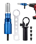 Cordless Drill Rivet Adapter Kit With Metal Head showing blue attachment, wrench, handle, and rivet pieces on white background.