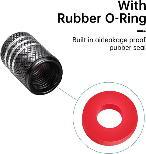 Close-up of Mercedes Benz Tire Valve Stem Cap Covers with red rubber O-ring for airtight seal, part of 4 Pack Aluminum Alloy Air Valve Caps Black.