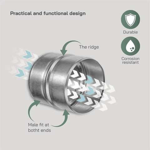 Built Tough Straight Up Four Inch Galvanized Steel Duct Connector, showing male fit, ridge design for dryer vent use.