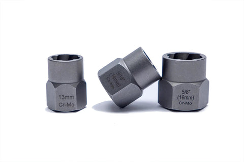 Three chrome-molybdenum sockets from 26 Piece Nut And Bolt Extractor Set With Sockets And Drill Bits For Stripped Frozen And Rounded Off Fasteners