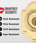 Arlington Single Cylinder Handleset With Lido Lever SmartKey Rekey Tech For Beefed Up Exterior Door Security Lifetime Polished Brass Finish KW1 Keyway Compatible with security features shown
