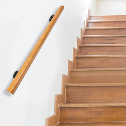 Rock Solid Pine Wood Stair Handrail With Legit Heavy Duty Metal Brackets And Smooth Rounded Corners For Reliable Indoor Wall Mount Support Carrying Groceries Or Packages No Sweat, mounted on wall next to wooden stairs.