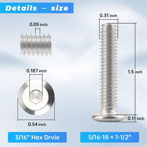 Heavy Duty 5/16-18 UNC Binding Screws For Furniture, Socket Head Cap Screws, 1-1/2 Inch Long, Full Thread shown with dimensions