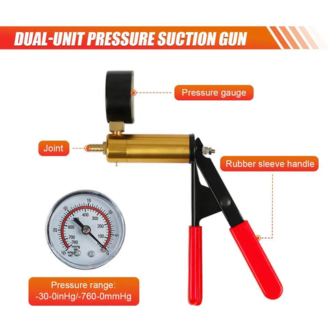 2 In 1 Brake Bleeder Kit With Handheld Vacuum Pump And Adapters Auto Brake Fluid Bleeder With Pressure Gauge For Vehicle Clutch Bleeding Vacuum Bleeder Pump For Easy DIY Brake Maintenance, pressure gauge, red handle