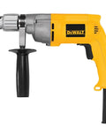 Industrial Rotary Drill With Beefy Heavy Duty Metal Gear Housing, Helical Cut Steel Gears, Corded Power, Two-Finger Trigger, Triple Gear Reduction For Pro Level Drilling And Jobsite Durability, side view.