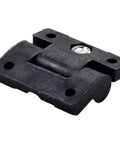 Adjustable torque hinge, black plastic with pre-drilled holes, front view.