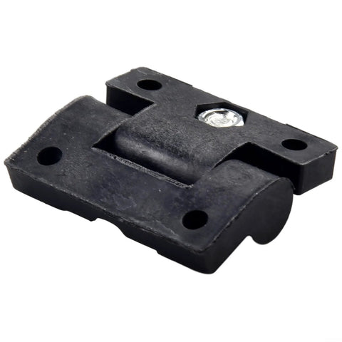 Adjustable torque hinge, black plastic with pre-drilled holes, front view.