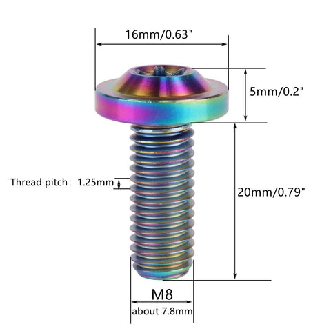 Rainbow Titanium M8x20mm Torx Head Bolts Set Of 4, Grade 5 6AL/4V Titanium Alloy with 1.25mm Thread Pitch, 16mm Head Diameter and 5mm Height.