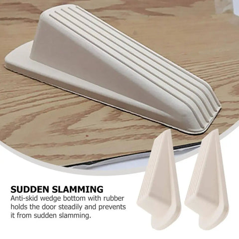 White Door Wedge Stopper Set 5 Pack Rubber Non Skid Wedge Shaped Door Stoppers in use on wood floor