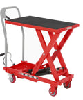 Heavy duty hydraulic lift table cart with red steel frame, black non-slip platform, and caster wheels