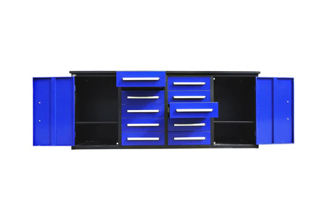 Heavy Duty Steel Workshop Workbench And Storage Cabinet Featuring Locking Drawers With Non Slip Liners Plus Two Secure Side Compartments, blue steel storage cabinet with ten drawers and two side compartments.