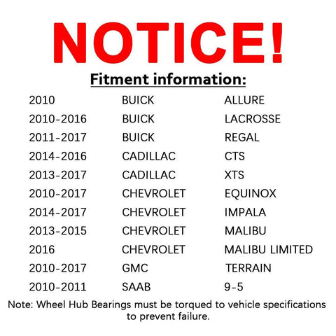Notice of fitment information for Front Wheel Hub Bearing Assembly 5 Lug With ABS Direct Fit Replacement for GM vehicles.