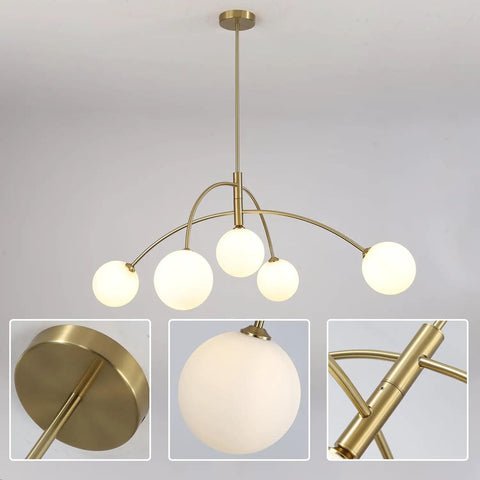 Gold 5-Light Sputnik Ceiling Chandelier With Glass Globe Shades For Dining Room Kitchen And Bedroom, Modern Mid Century Style, Bright Ambient Lighting, Easy Install Flush Mount Fixture features gold finish and glass globes