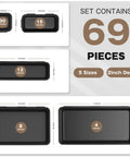 69 Piece Tool Box Organizer Tray Divider Set Black Five Sizes Desk Drawer Bin For Socket Storage And Toolbox Organization Fits Rolling Tool Chests Carts And Workbenches, showing layout and count of sizes.