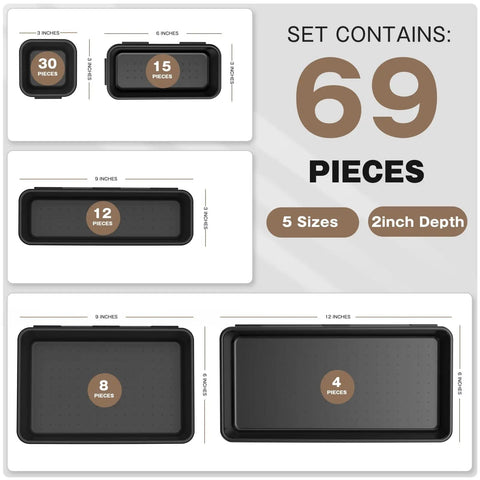 69 Piece Tool Box Organizer Tray Divider Set Black Five Sizes Desk Drawer Bin For Socket Storage And Toolbox Organization Fits Rolling Tool Chests Carts And Workbenches, showing layout and count of sizes.